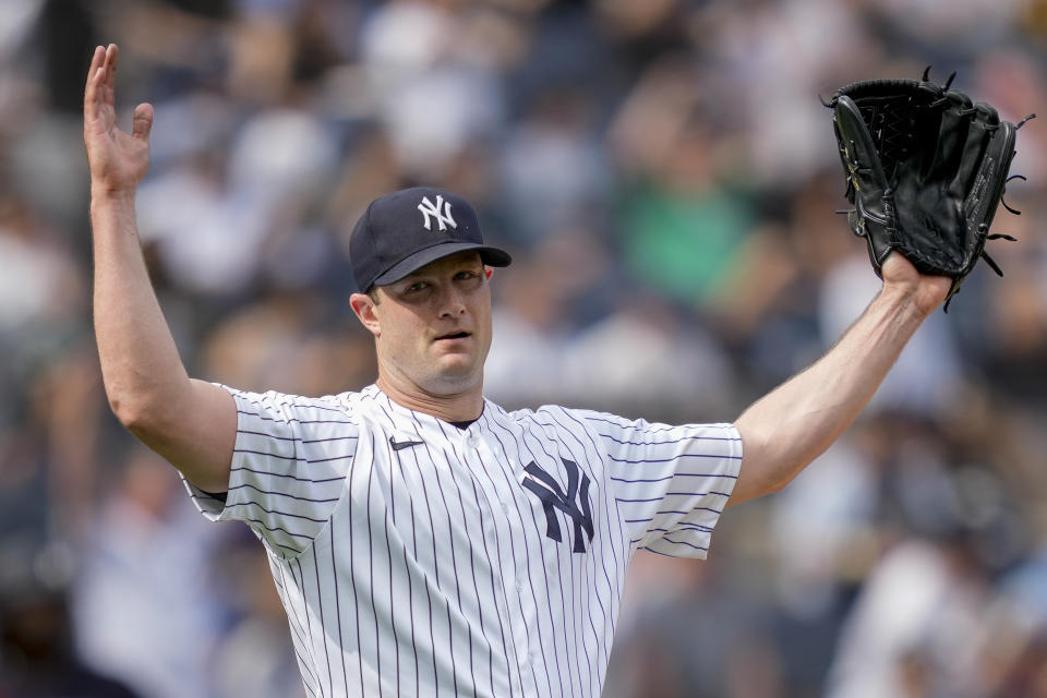 New York Yankees starting pitcher Gerrit Cole reacts after closing the ninth inning of a baseball game against the Minnesota Twins to record a complete game shutout, Sunday, April 16, 2023, in New York. (AP Photo/John Minchillo)