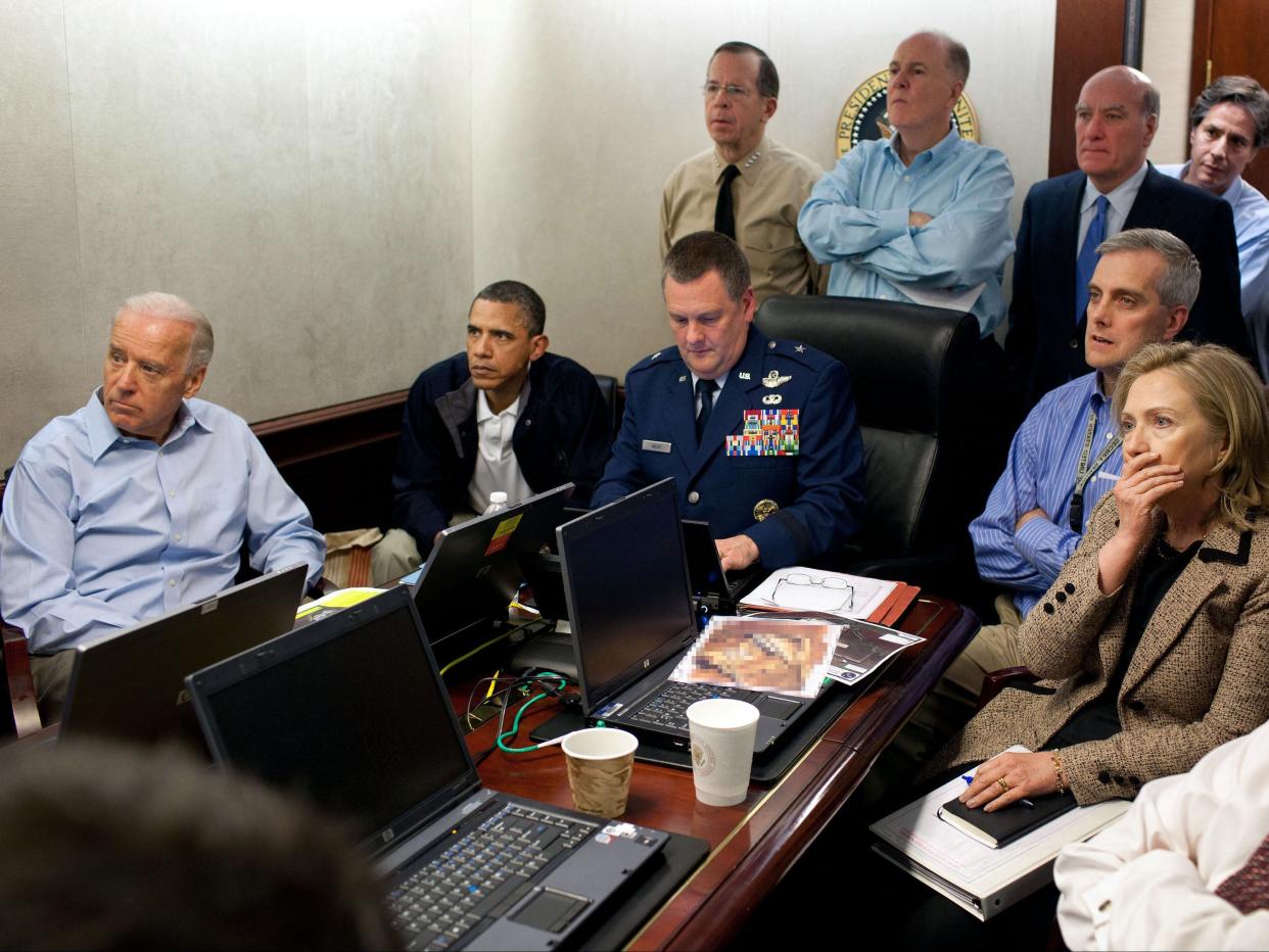 <p>US president Joe Biden (left) with former president Barack Obama during the Osama bin Laden raid in 2011</p> (AFP via Getty)