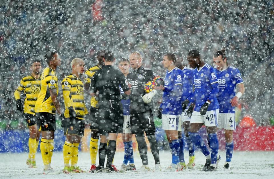 Leicester goalkeeper Kasper Schmeichel (centre) asked for a VAR check (Tim Goode/PA) (PA Wire)