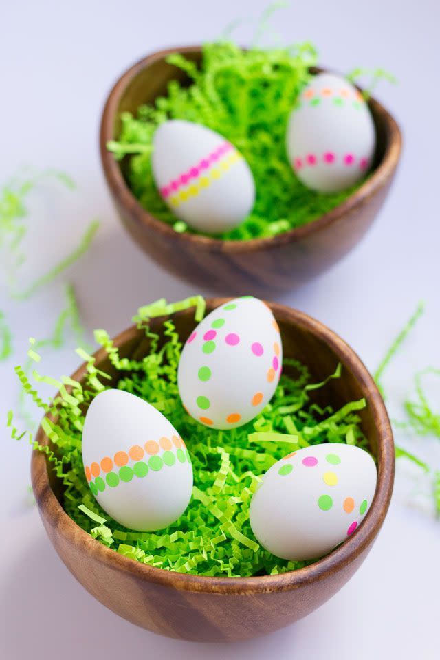 <p>Got a dozen eggs and a few neon dot stickers? You're in business!</p><p><strong>Get the tutorial at <a href="https://designimprovised.com/2015/03/easter-egg-ideas_13.html" rel="nofollow noopener" target="_blank" data-ylk="slk:Design Improvised;elm:context_link;itc:0;sec:content-canvas" class="link ">Design Improvised</a>.</strong></p><p><strong><a class="link " href="https://www.amazon.com/Map-Dot-Stickers-Assorted-Diameter/dp/B003M6PFS6?tag=syn-yahoo-20&ascsubtag=%5Bartid%7C10050.g.1111%5Bsrc%7Cyahoo-us" rel="nofollow noopener" target="_blank" data-ylk="slk:SHOP STICKERS;elm:context_link;itc:0;sec:content-canvas">SHOP STICKERS</a><br></strong></p>