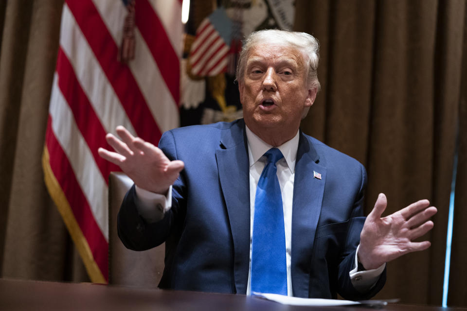 President Donald Trump speaks during a meeting with Republican state attorneys general about social media companies, in the Cabinet Room of the White House, Wednesday, Sept. 23, 2020, in Washington. (AP Photo/Evan Vucci)