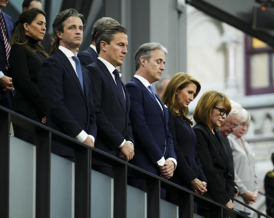 Mulroney family members take part in a moment of silence prior to tributes to the late prime minister Brian Mulroney in the House of Commons on Parliament Hill in Ottawa on Monday, March 18, 2024. THE CANADIAN PRESS/Sean Kilpatrick