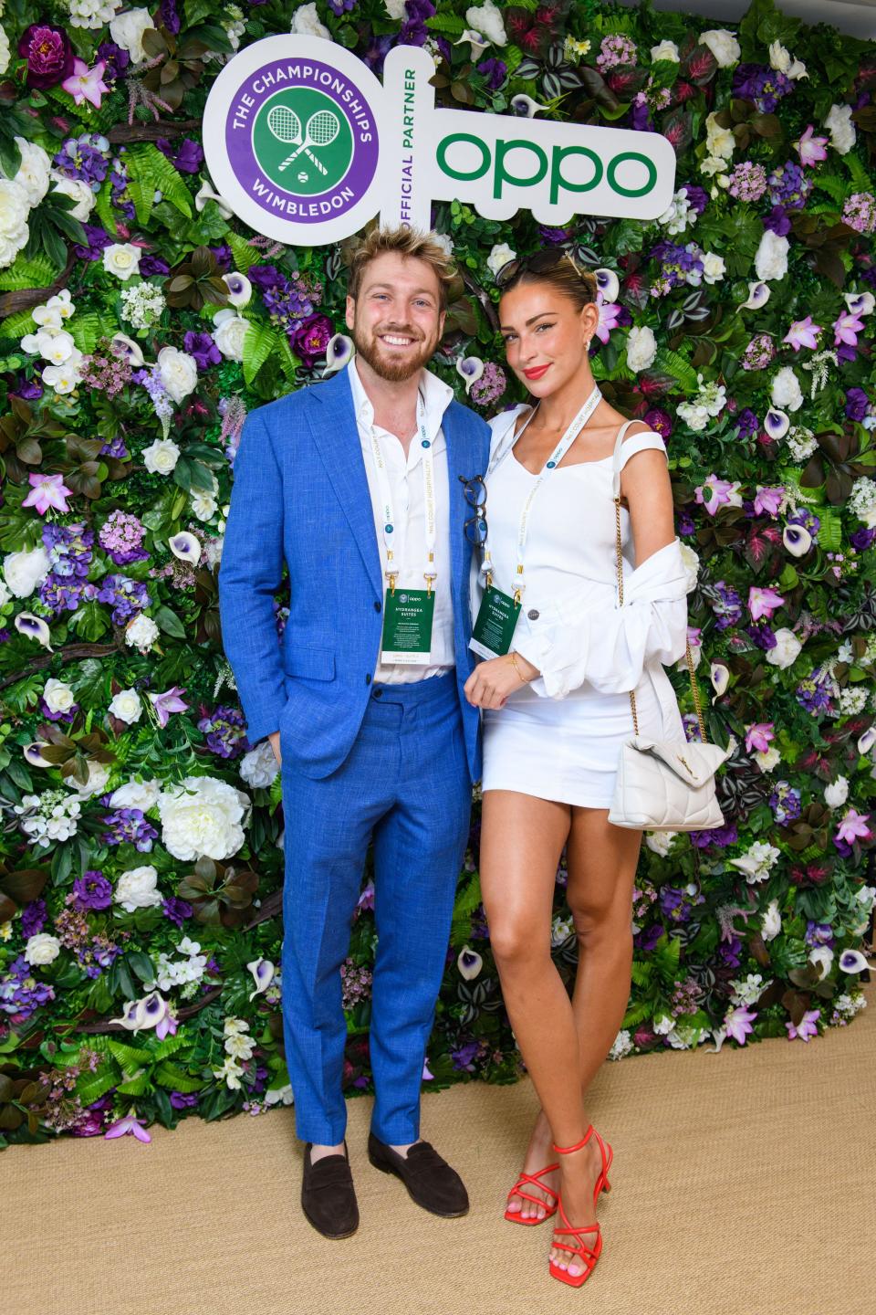 Zara McDermott and Sam Thompson attending the OPPO hospitality suite, on day 12 of the 2022 Wimbledon Championships at the All England Lawn Tennis and Croquet Club, Wimbledon, London. Picture date: Friday July 8, 2022. Photo credit should read: Matt Crossick/Empics/Alamy Live News