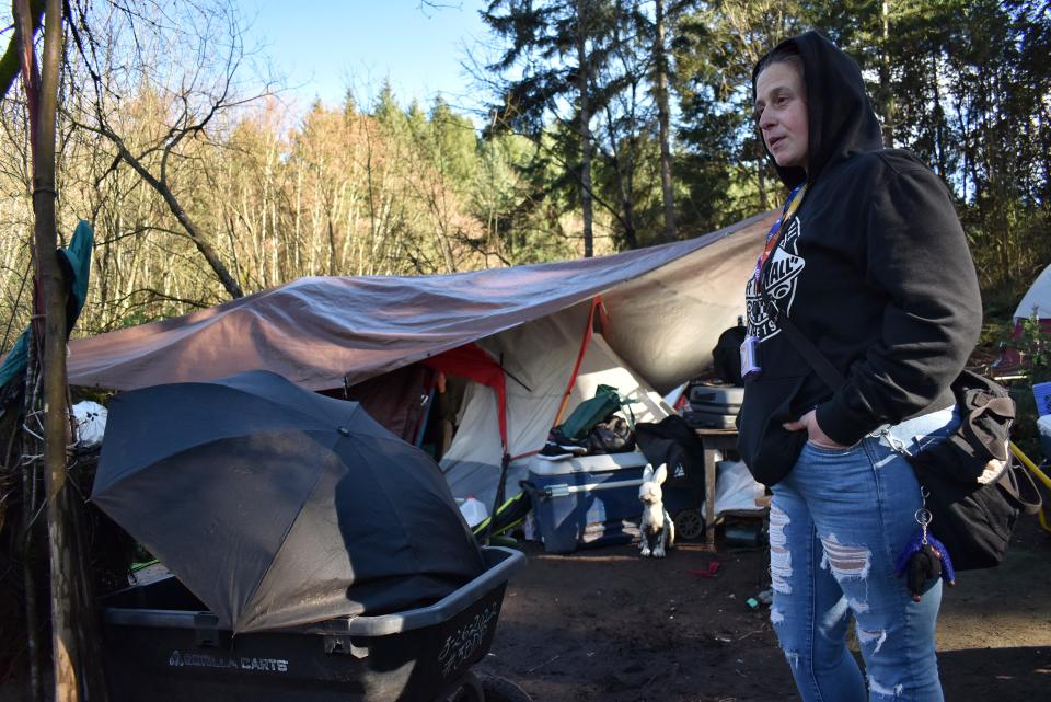 Crystal Mitchell doesn't have any more belongings than she can fit in a wagon, so that she's ready to go at a moment's notice. She's been camping out at Hospital Hill in Silverdale for about a year, but on Wednesday she had to relocate when the encampment was cleared. Mitchell said she's planning to go stay in a friend's home temporarily.