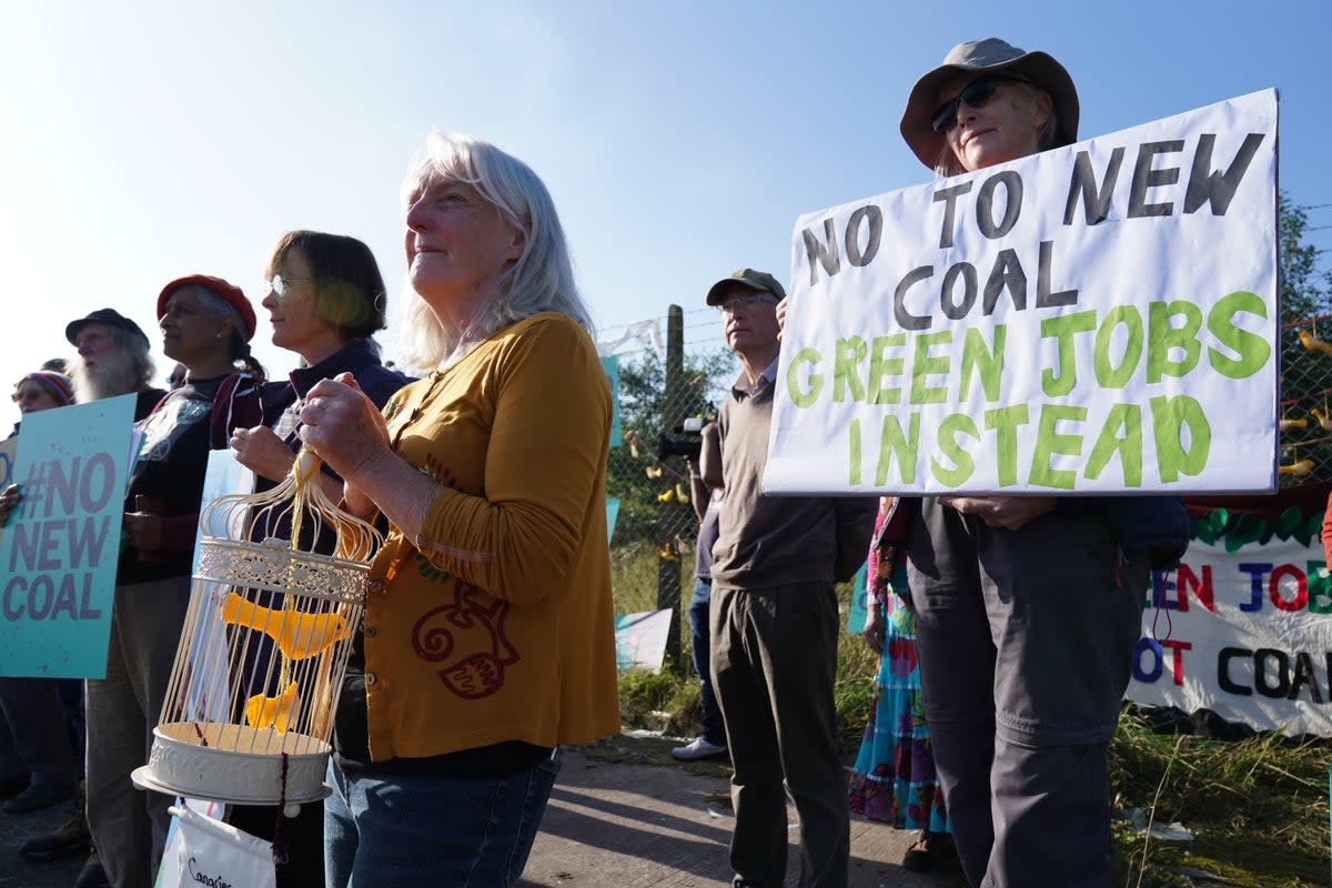 Demonstrators outside the proposed Woodhouse Colliery, south of Whitehaven, ahead of a public inquiry into the plans for a new deep coal mine on the Cumbrian coast (Owen Humphreys/PA) (PA Archive)