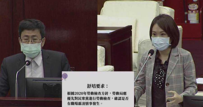 台北市議員簡舒培指民眾黨立委蔡壁如涉及職場霸凌，要求勞動局調查。（圖／截自北市議會直播）