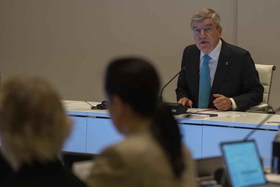 International Olympic Committee (IOC) president Thomas Bach speaks on the first day of the executive board meeting of the IOC ahead of the upcoming 141st IOC session in Mumbai, India, Thursday, Oct. 12, 2023.(AP Photo/Rafiq Maqbool)