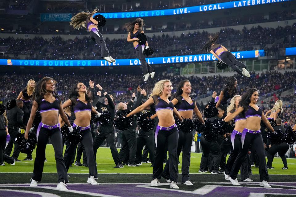 The Baltimore Ravens cheerleaders perform in the first quarter of the NFL Week 11 game between the <a class="link " href="https://sports.yahoo.com/nfl/teams/baltimore/" data-i13n="sec:content-canvas;subsec:anchor_text;elm:context_link" data-ylk="slk:Baltimore Ravens;sec:content-canvas;subsec:anchor_text;elm:context_link;itc:0">Baltimore Ravens</a> and the Cincinnati Bengals at M&T Bank Stadium in Baltimore on Thursday, Nov. 16, 2023.