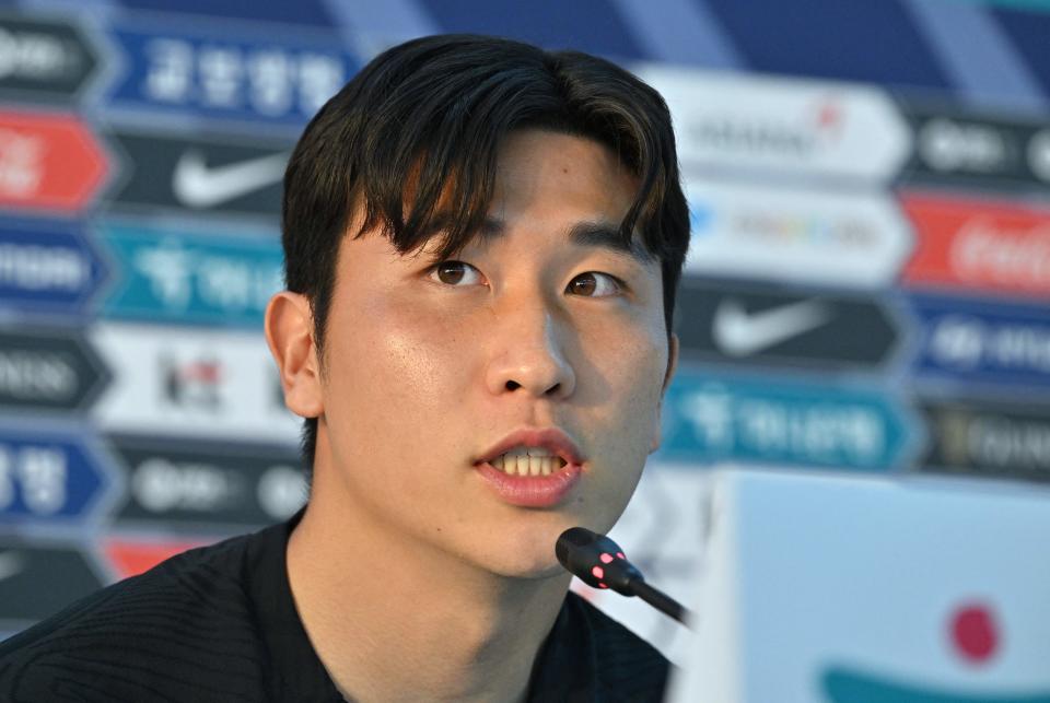 South Korea's defender #02 Yoon Jong-gyu speaks during a press conference before a training session at Al Egla Training Site 5 in Doha on November 26, 2022, during the Qatar 2022 World Cup football tournament. (Photo by Jung Yeon-je / AFP) (Photo by JUNG YEON-JE/AFP via Getty Images)