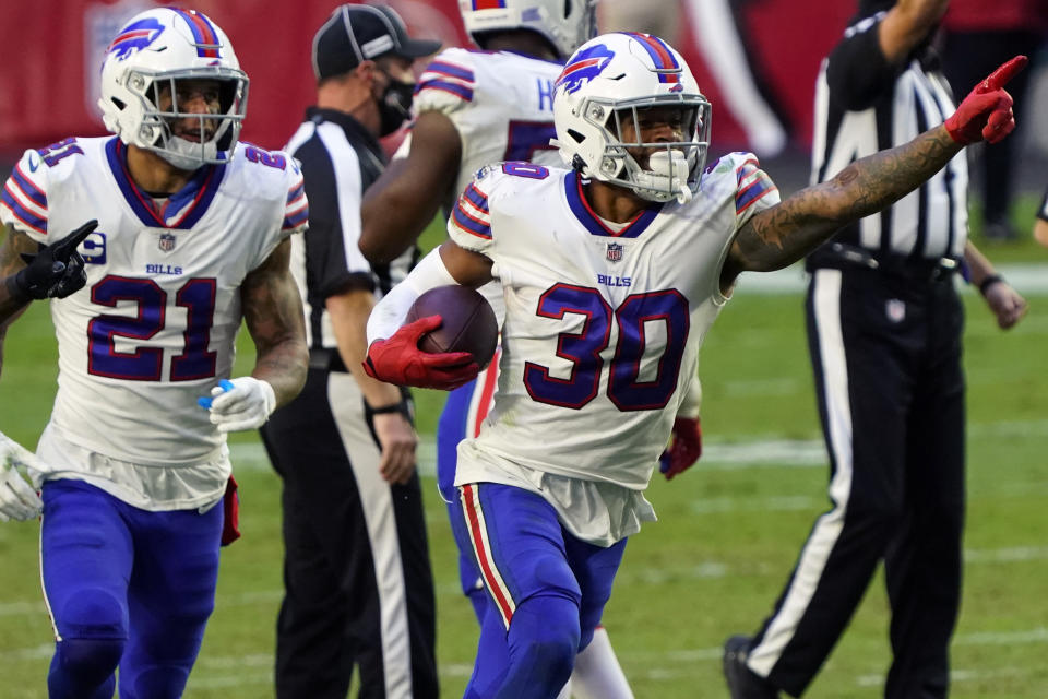 FILE - Buffalo Bills cornerback Dane Jackson (30) celebrates his fumble recovery against the Arizona Cardinals during the second half of an NFL football game, Sunday, Nov. 15, 2020, in Glendale, Ariz. Dane Jackson pays little heed to questions of what challenges he faces in preparing to take over Tre'Davious White's starting job in the Buffalo Bills secondary. (AP Photo/Rick Scuteri, File)