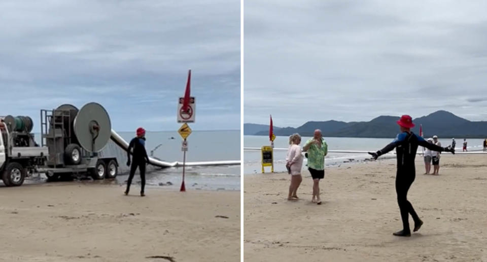 Two photos of Four Mile Beach, as a lifeguard tells beachgoers to stay out of the water because of the crocodile.