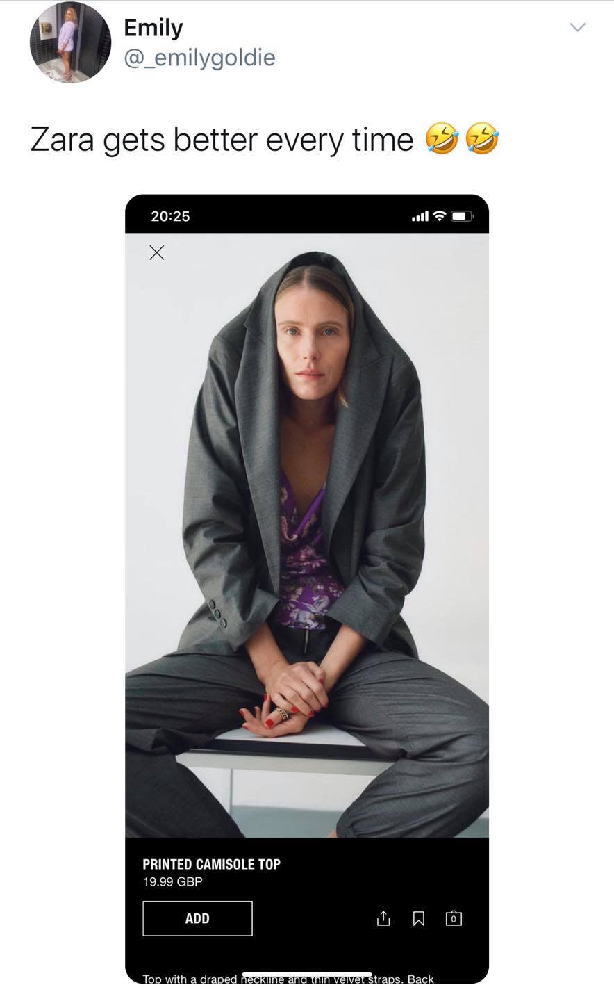 Twitter user @_emilygoldie post about Zara's baffling product shot quickly went viral. Photo: Twitter