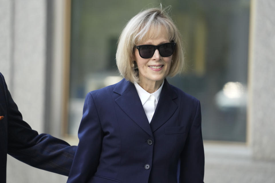 Former advice columnist E. Jean Carroll arrives to federal court in New York, Wednesday, April 26, 2023. Jurors have been seated in the trial over Carroll's claim that former President Donald Trump raped her nearly three decades ago in a department store dressing room. (AP Photo/Seth Wenig)