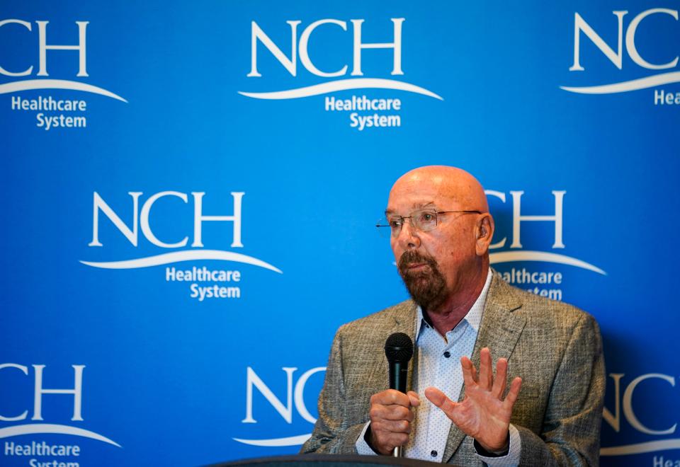 Dick Schulze speaks to the crowd at NCH Baker Downtown Hospital in Naples on Wednesday, May 24, 2023. Schulze and his foundation donated $20 million for the new heart center at the hospital.