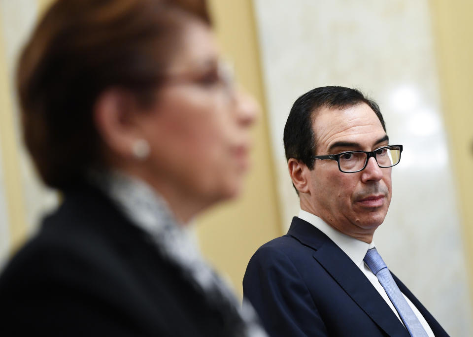 WASHINGTON, DC - JUNE 10: U.S. Secretary of the Treasury Steven Mnuchin testifies with Jovita Carranza, Administrator U.S. Small Business Administration during the Senate Small Business and Entrepreneurship Hearings to examine implementation of Title I of the CARES Act on Capitol Hill on June 10, 2020 in Washington, DC. (Photo by Kevin Dietsch - Pool/Getty Images)