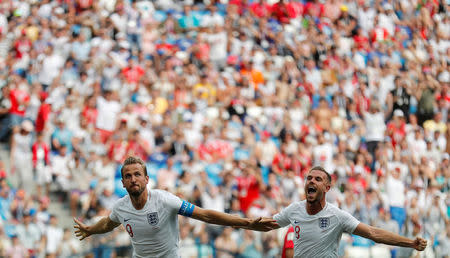 Soccer Football - World Cup - Group G - England vs Panama - Nizhny Novgorod Stadium, Nizhny Novgorod, Russia - June 24, 2018 England's Harry Kane celebrates with Jordan Henderson after scoring their second goal REUTERS/Carlos Barria