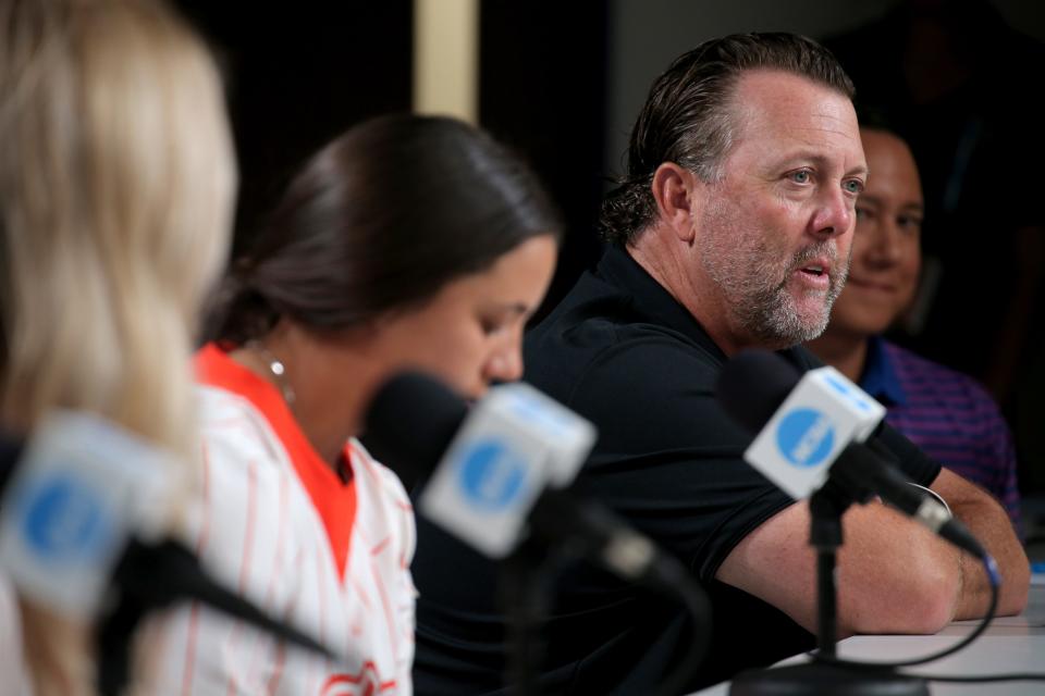 Oklahoma Sate coach Kenny Gajewski speaks during a press conference for the Women's College World Series at USA Softball Hall of Fame Stadium in Oklahoma City, Wednesday, May 31, 2023. 