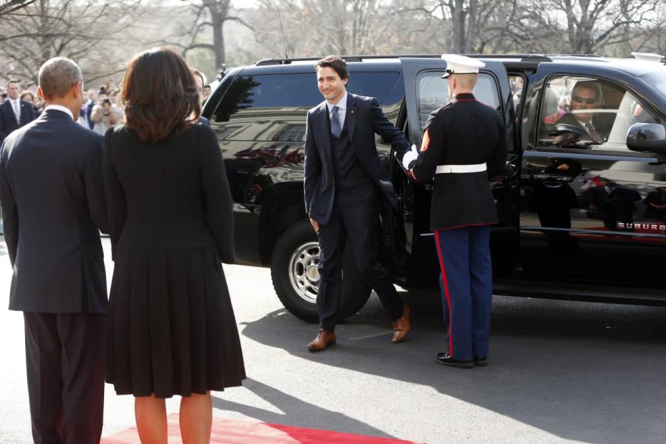 Canadian Prime Minister Justin Trudeau, arrives at the White House and is greeted by President Barack Obama and first lady Michelle Obama, Thursday March 10, 2016 in Washington. (AP Photo/Pablo Martinez Monsivais)