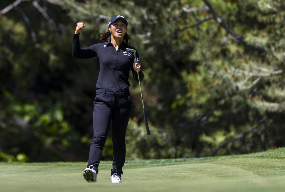 Danielle Kang reacts to a putt on the ninth hole during the first day of the LPGA T-Mobile Match Play golf tournament at Shadow Creek on Wednesday, April 3, 2024, in North Las Vegas, Nev. (L.E. Baskow/Las Vegas Review-Journal via AP)