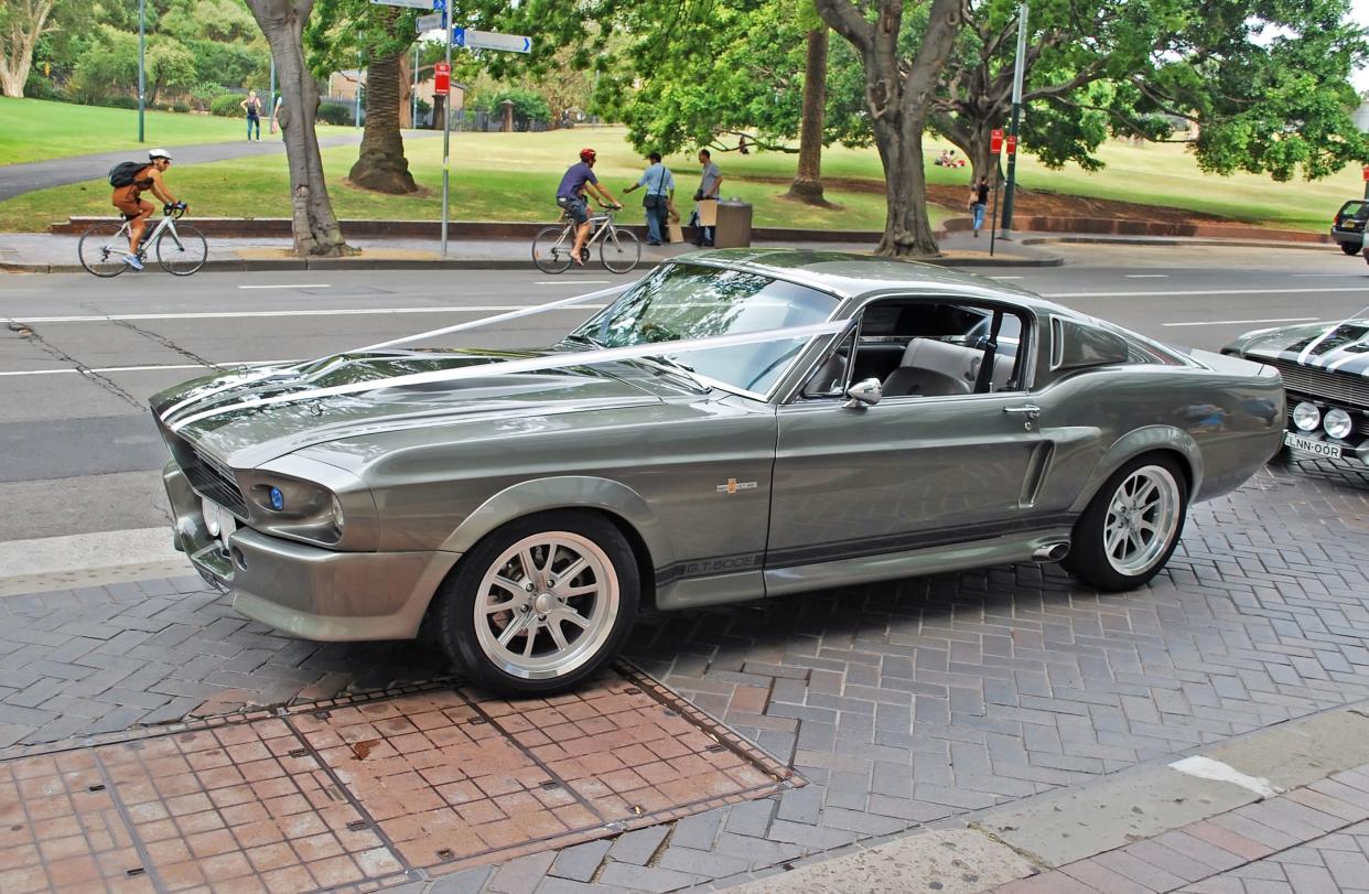 Sydney, Australia - November 02, 2015: Side view of a classic silver car rented as a part of wedding cortege. This is Shelby 1967 Mustang GT500 model