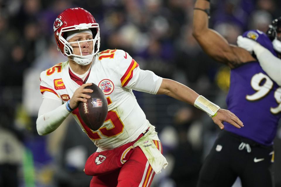 Kansas City Chiefs quarterback Patrick Mahomes (15) looks to pass during the second half of the AFC Championship NFL football game against the Baltimore Ravens, Sunday, Jan. 28, 2024, in Baltimore. (AP Photo/Matt Slocum)