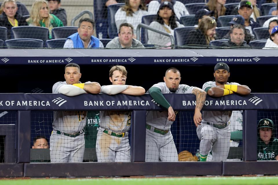 From left to right, Athletics second baseman Jordan Diaz, shortstop Nick Allen, third baseman Jace Peterson and center fielder Esteury Ruiz watch from the dugout during Oakland's game against the Yankees at Yankee Stadium in the Bronx, New York on May 9, 2023.