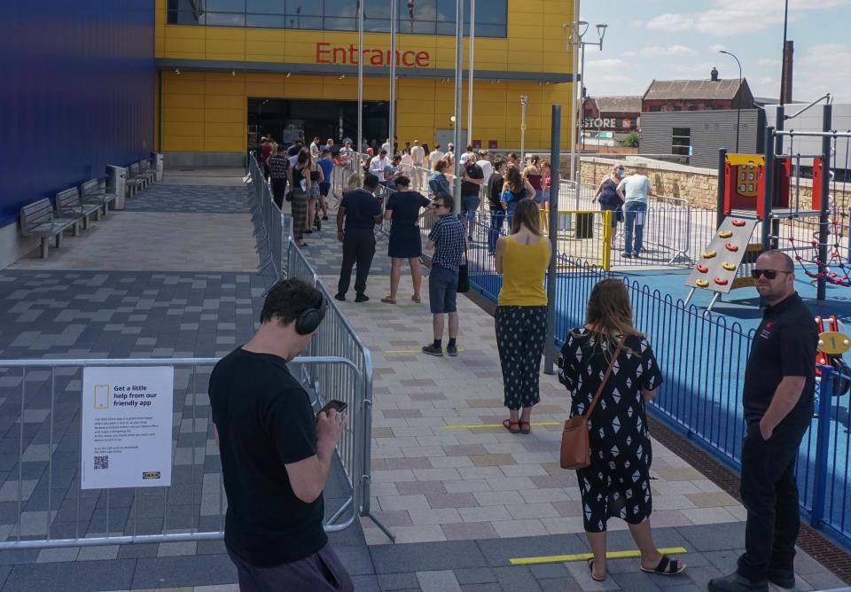 Shoppers observe social distancing as they wait to enter an IKEA store in sheffield , on 1st June 2020. (Photo by Giannis Alexopoulos/NurPhoto via Getty Images)