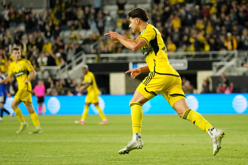 May 11, 2024; Columbus, OH, USA; Columbus Crew forward Max Arftsen (27) celebrates scoring a goal during the second half of the MLS soccer game against FC Cincinnati at Lower.com Field. The Crew lost 2-1.Mandatory Credit: Adam Cairns-USA TODAY Sports