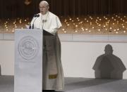 Pope Francis delivers his speech during an Interreligious meeting at the Founder's Memorial in Abu Dhabi, United Arab Emirates, Monday, Feb. 4, 2019. Pope Francis arrived in Abu Dhabi on Sunday. His visit represents the first papal trip ever to the Arabian Peninsula, the birthplace of Islam. (AP Photo/Andrew Medichini)