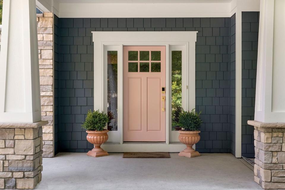 a white door with a couple of potted plants in front of it