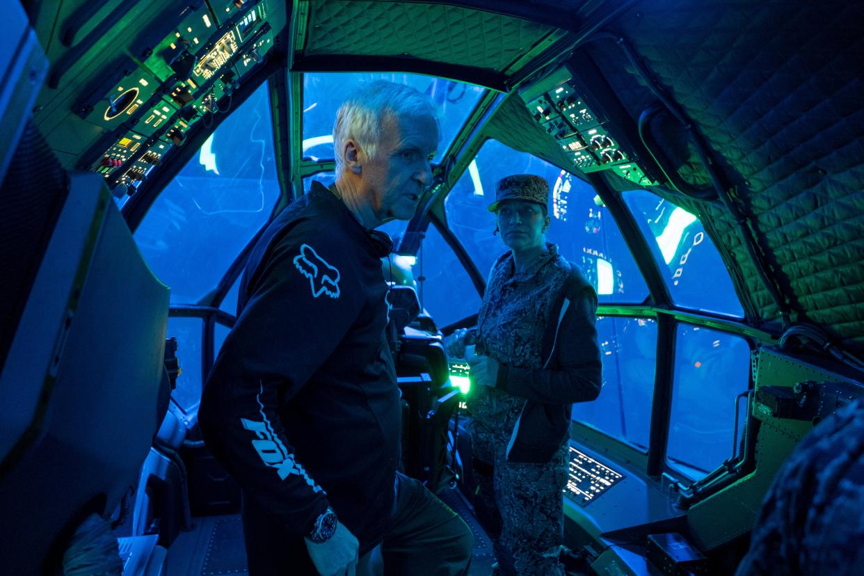 Director James Cameron and actor Edie Falco on the set of "Avatar: The Way of Water." Cameron is planning five movies in the series and is currently working on part three.