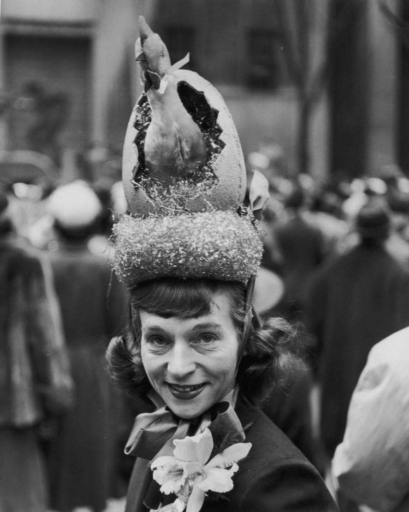 A woman in 1940 wore a hat showing a bird popping out of a broken egg. Getty Images