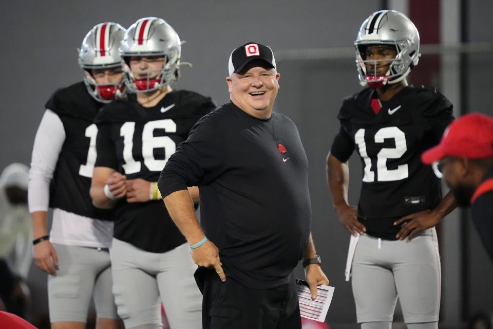 Mar 5, 2024; Columbus, OH, USA; Ohio State Buckeyes offensive coordinator Chip Kelly works with quarterbacks during the first spring practice at the Woody Hayes Athletic Center.