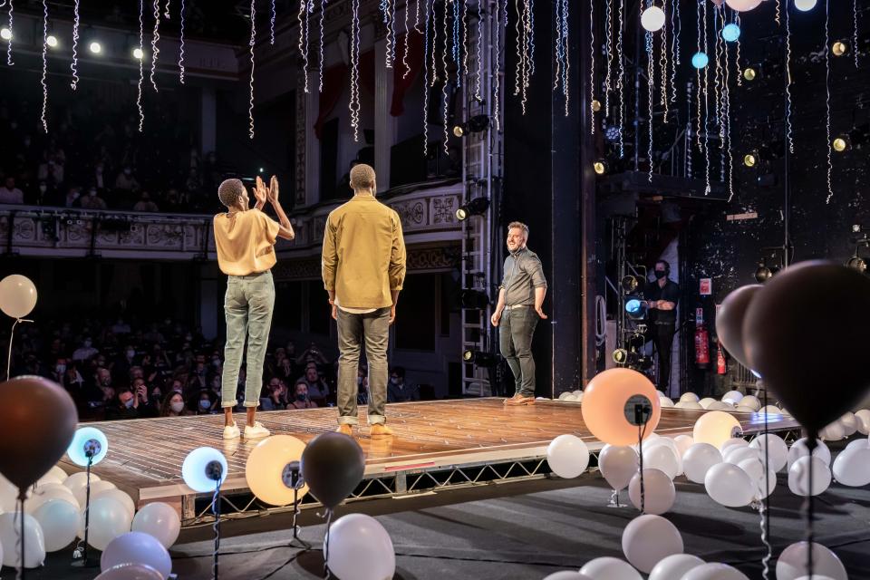 Sheila Atim, Ivanno Jeremiah and director Michael Longhurst at the end of the first preview (Marc Brenner/PA)