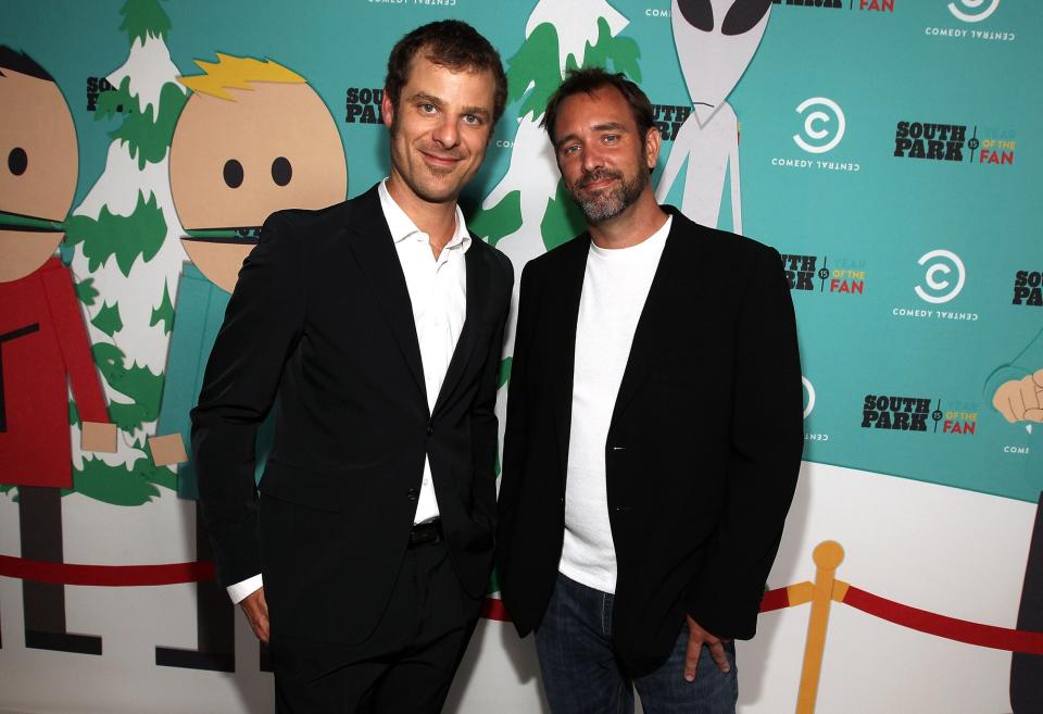 South Park writers/creators Matt Stone (L) and Trey Parker (R) arrive at "South Park's" 15th Anniversary Party