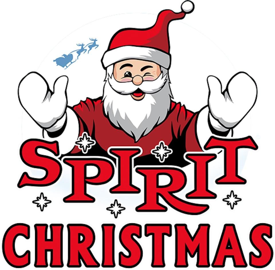 Spirit Christmas logo with a big winking Santa Claus between the words