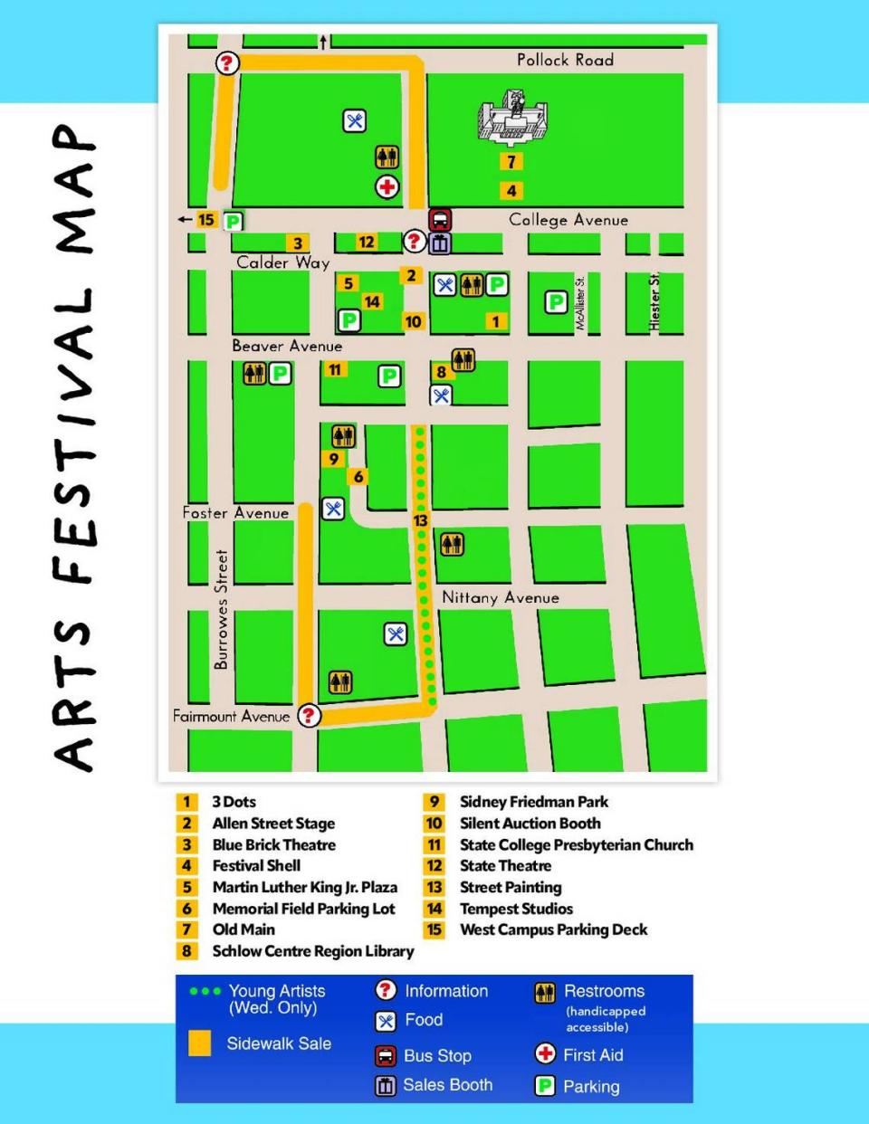 This map offers a general look at Arts Fest’s layout, including notable attractions, restrooms and some parking areas.