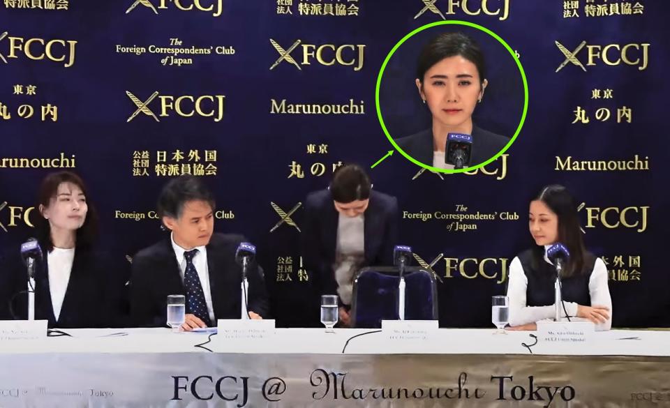 福原愛（中）在東京開記者會，表示已與江宏傑達成和解協議，但是外界對她仍然非議不斷。（翻攝自FCCJchannel）