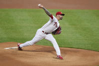 Philadelphia Phillies starting pitcher Vince Velasquez throws the ball during the first inning of a baseball game against the Milwaukee Brewers, Monday, May 3, 2021, in Philadelphia. (AP Photo/Derik Hamilton)