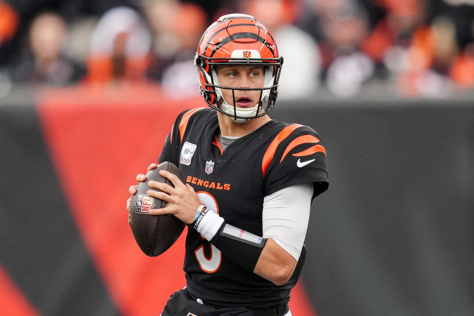 CINCINNATI, OHIO - OCTOBER 15: Joe Burrow #9 of the Cincinnati Bengals drops back to pass in the fourth quarter against the Seattle Seahawks at Paycor Stadium on October 15, 2023 in Cincinnati, Ohio. (Photo by Dylan Buell/Getty Images)