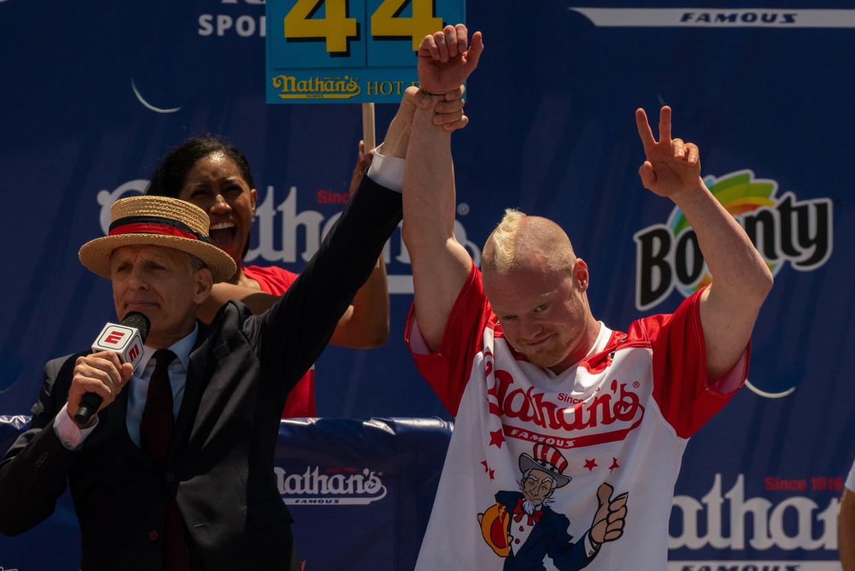 Competitive eater Nick Wehry took third place in the 2021 Nathan's Famous 4th Of July International Hot Dog Eating Contest on July 4, 2021, in New York City.