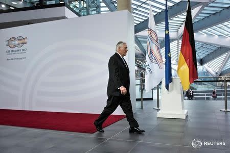 US Secretary of State Rex Tillerson arrives at the opening session meeting of the G20 Foreign ministers at the World Conference Center February 16, 2017 in Bonn, western Germany. REUTERS/ Brendan Smialowski/Pool