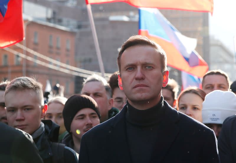 FILE PHOTO: Russian opposition politician Alexei Navalny takes part in a rally to mark the 5th anniversary of opposition politician Boris Nemtsov's murder and to protest against proposed amendments to the country's constitution, in Moscow