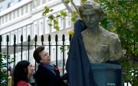 A statue of Noor Inayat Khan, a British spy captured and killed by the Nazis during World War II, is unveiled by Britain's Princess Anne in central London - Credit: OLIVIA HARRIS/Reuters