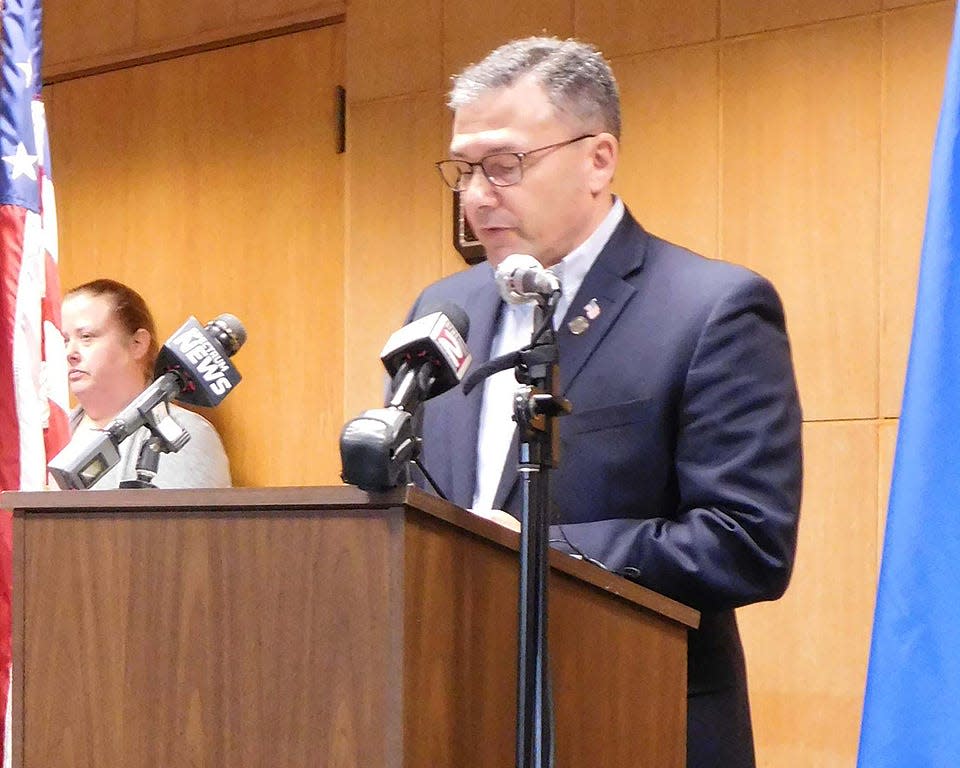 In this March file photo, Herkimer County Legislature Chairman Vincent J. Bono addresses those gathered for a news conference in the county's legislative chambers on the response to the coronavirus pandemic.