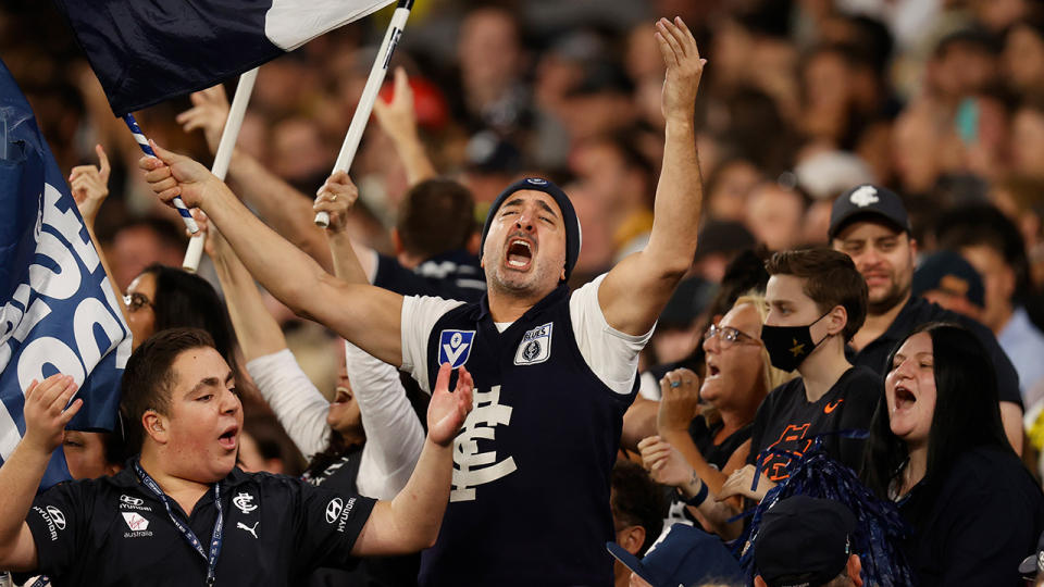 After 11 years of humiliating round one losses to Richmond, Carlton fans went nuts after finally toppling the Tigers. (Photo by Michael Willson/AFL Photos via Getty Images)