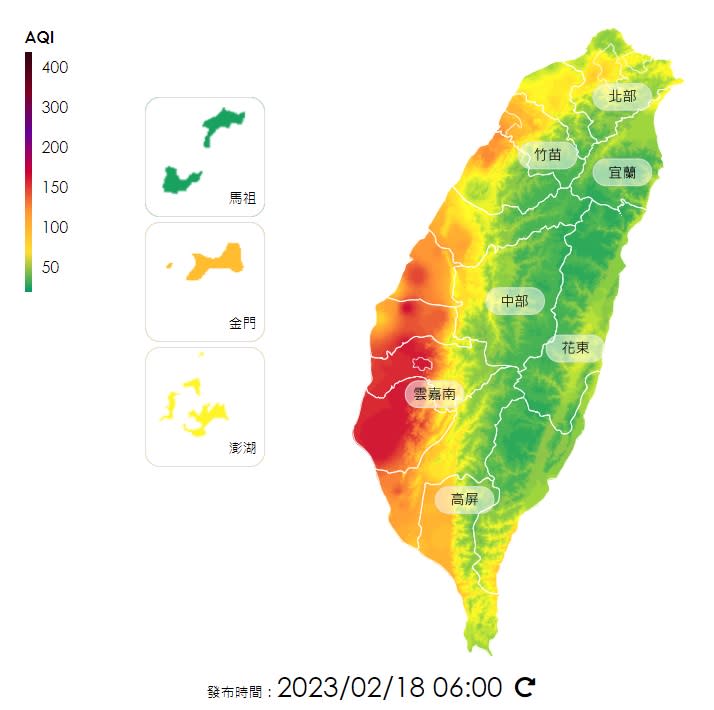 今(18)日上午雲嘉南地區AQI已經達150以上的紅色警戒等級。   圖：取自空氣品質監測網