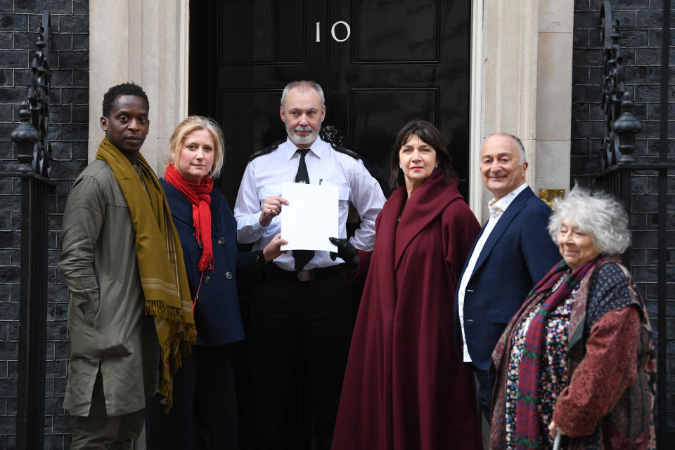 (left to right) , Kobna Holdbrook-Smith, Susannah Harker, President of Equity Maureen Beattie, Tony Robinson and Miriam Margolyes hand in petition to 10 Downing Street seeking support for the creative industries. (Photo by Stefan Rousseau/PA Images via Getty Images)