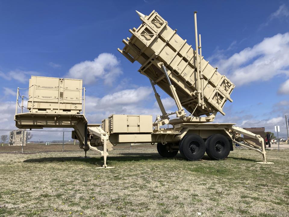 A Patriot missile mobile launcher is displayed outside the Fort Sill Army Post near Lawton, Okla., on Tuesday, March 21, 2023. Soldiers from Ukraine have been training on the weapon system at Fort Sill since January and will soon deploy to Ukraine with a Patriot missile battery. (AP Photo/Sean Murphy)
