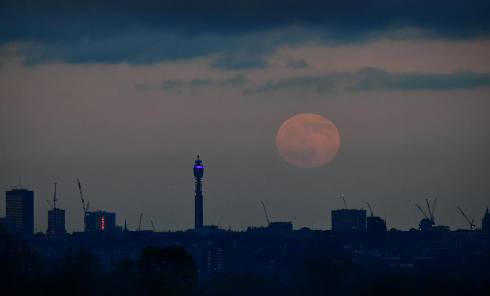 LONDON, ENGLAND - JANUARY 10: First full moon of the decade: Wolf moon, rises over London - seen from Richmond Park, UK, England on the 10th January 2020. Skywatchers have been treated to the first full moon of 2020 - known as a "wolf moon" - at the same time as a lunar eclipse. Those gazing up at the skies on Friday, weather permitting, would have seen a penumbral lunar eclipse, which happens when the moon passes through the Earth's shadow. (Photo by Jeff Overs/BBC News & Current Affairs via Getty Images)